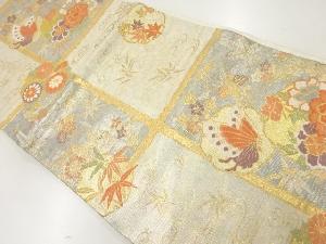 リサイクル　格子に花・蝶模様織り出し袋帯